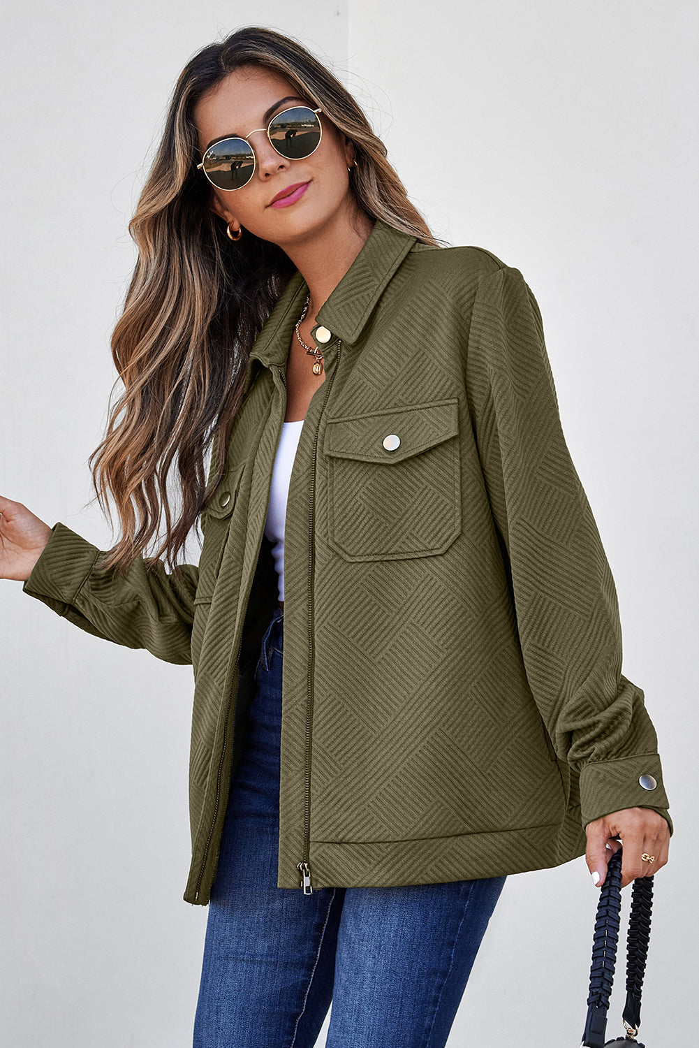 Solid Flap Pocket Shirt Collar Zip Up Jacket
