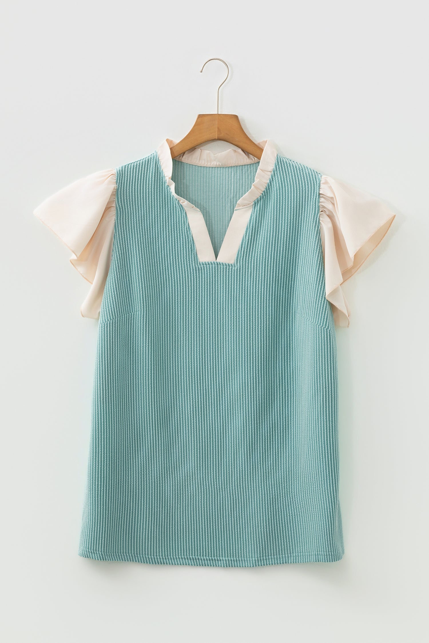 Plus Size Colorblock Corded Knit Ruffle Sleeve Blouse
