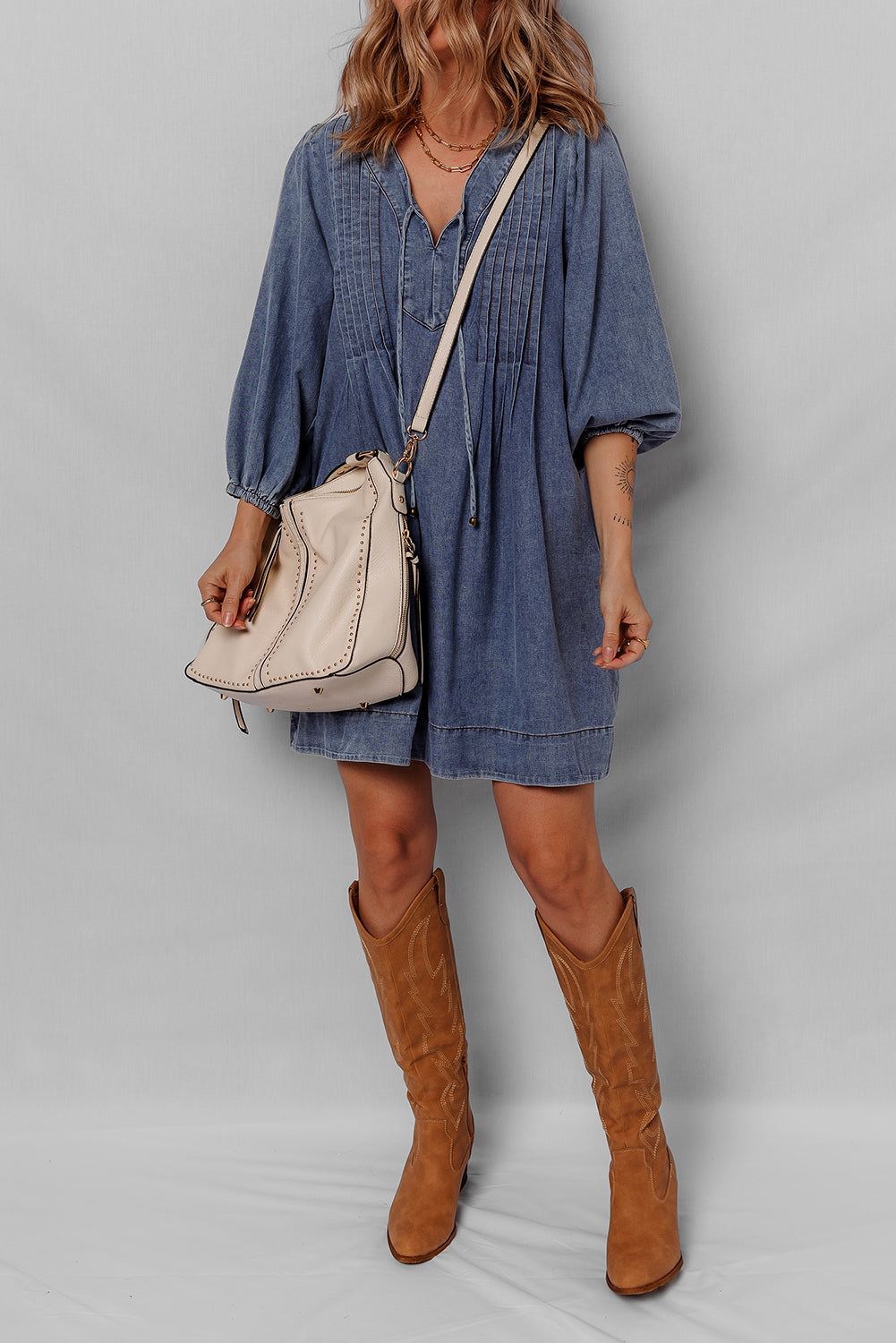Denim 3/4 Sleeve Tied V-Neck Pleated Mini Dress