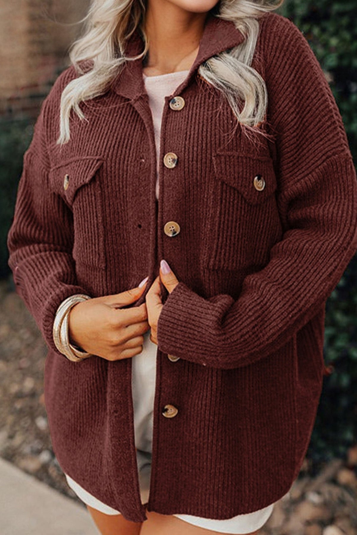 Ribbed Knit Flap Pocket Button-Up Shacket