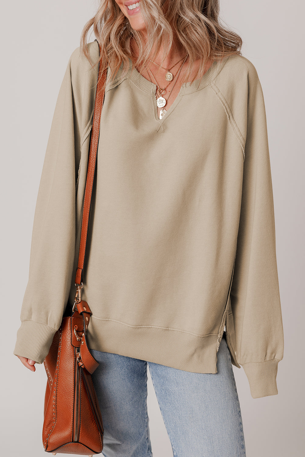 Solid Raw Edge Raglan Sleeve Side Slit Sweatshirt