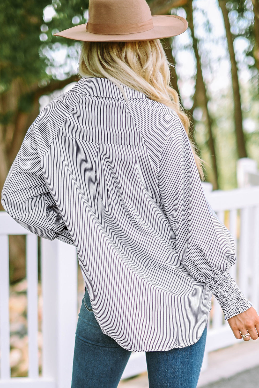 Stripe Smocked Long Sleeve Button-Up Shirt
