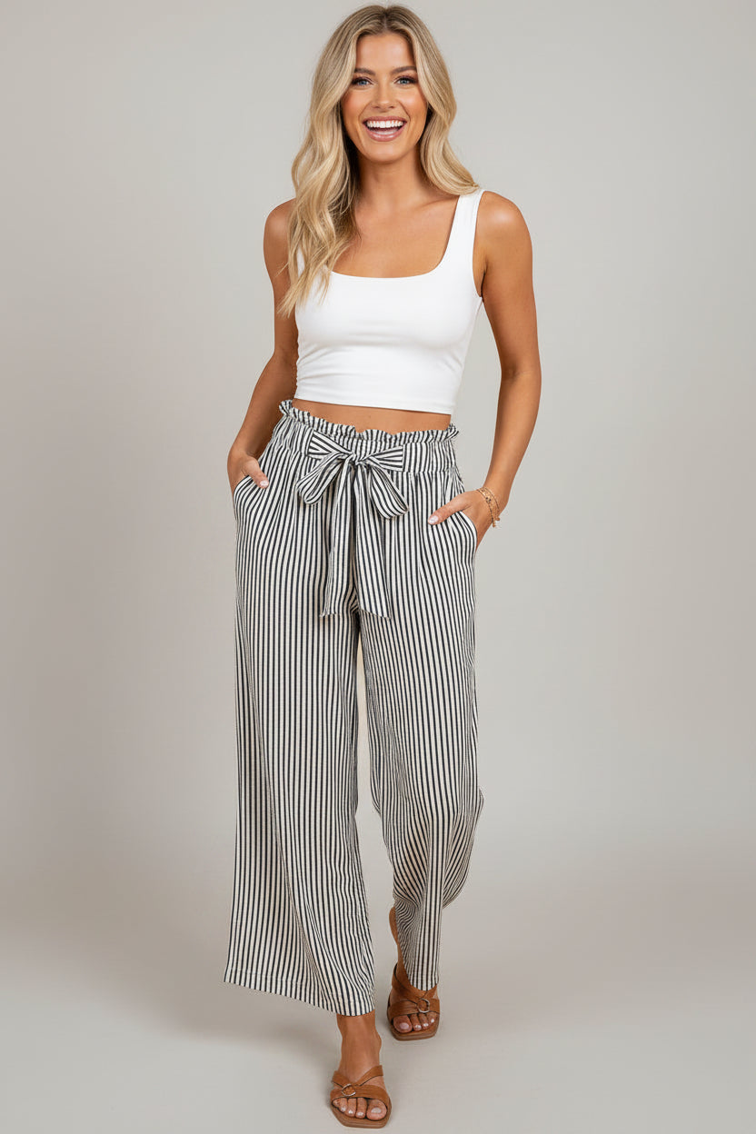Stripe Tied High Waist Straight Leg Pants