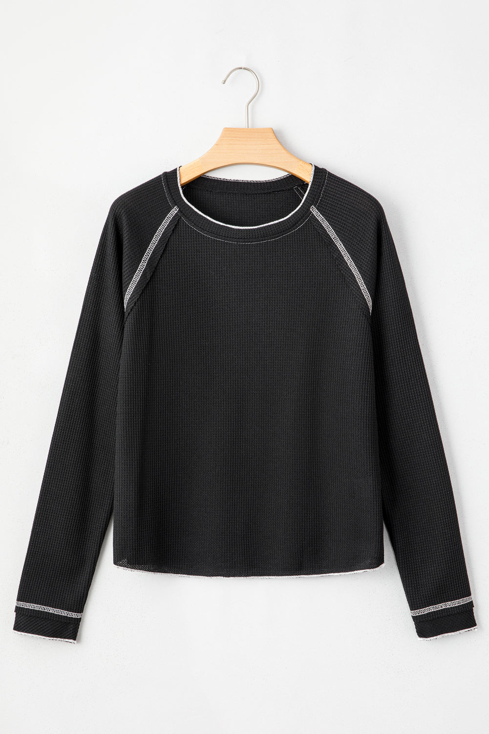 Solid Waffle Knit Round Neck Long Sleeve Top