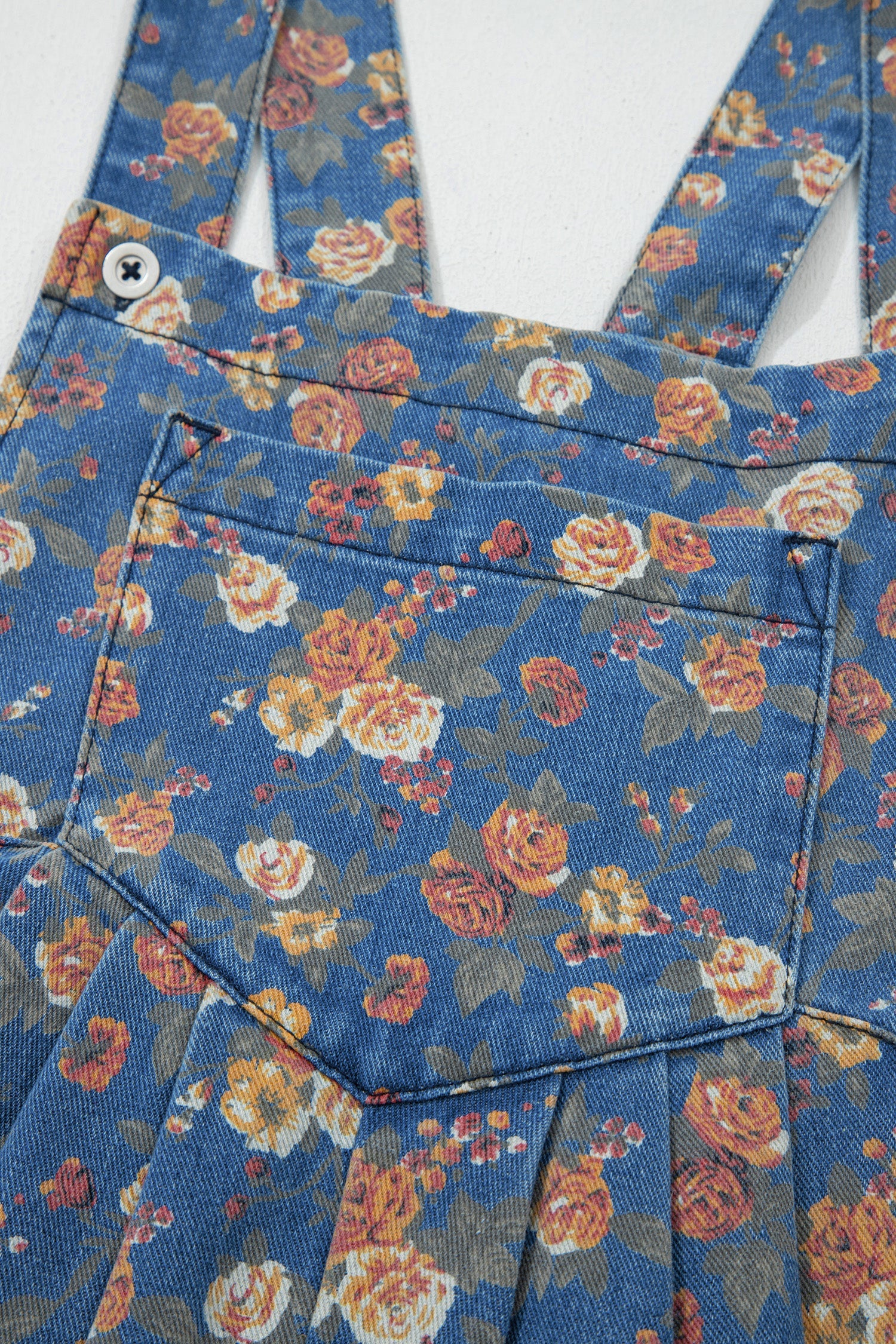 Floral Denim Pleated Wide Leg Jumpsuit