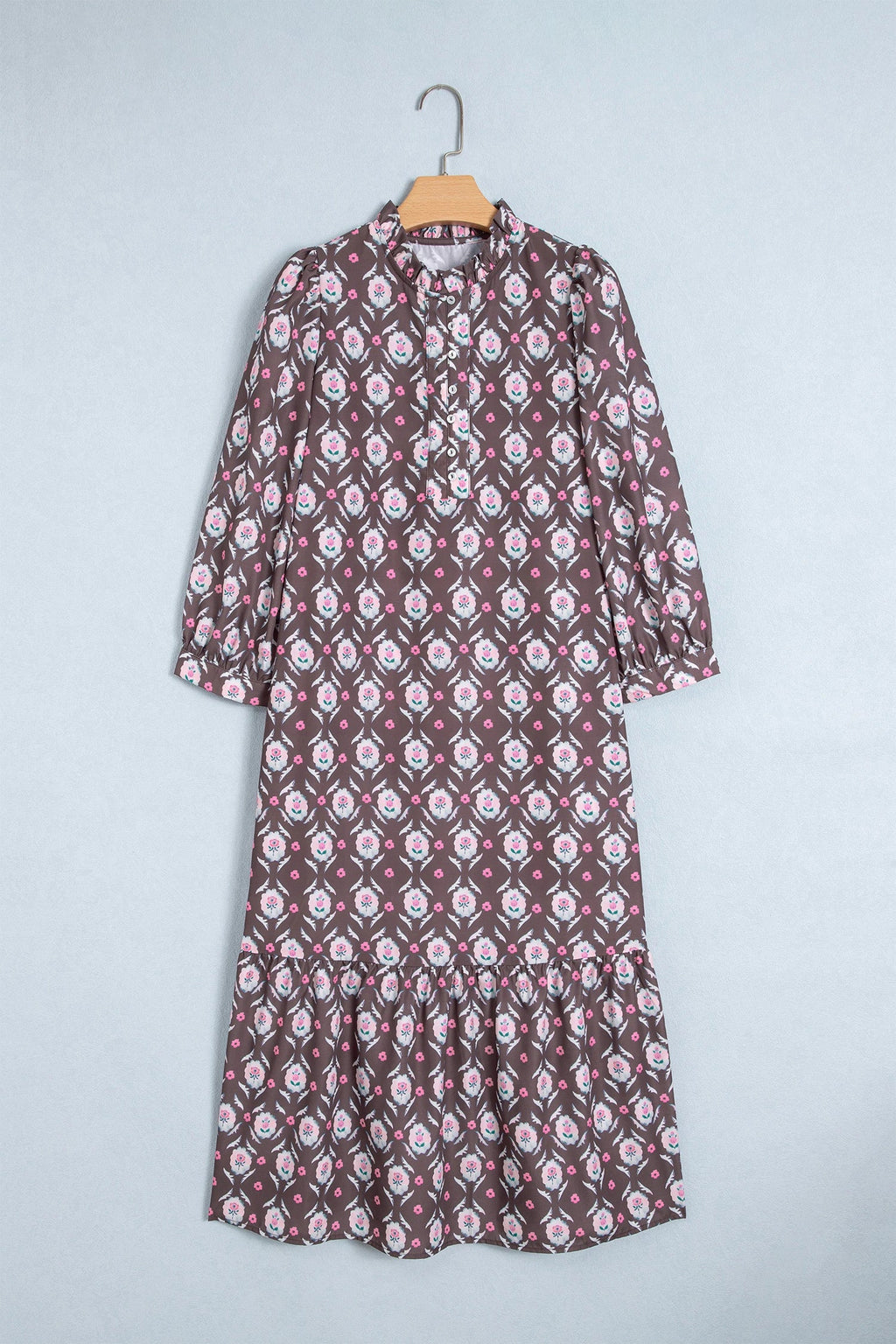 Floral Button Front Ruffle Hem Midi Dress