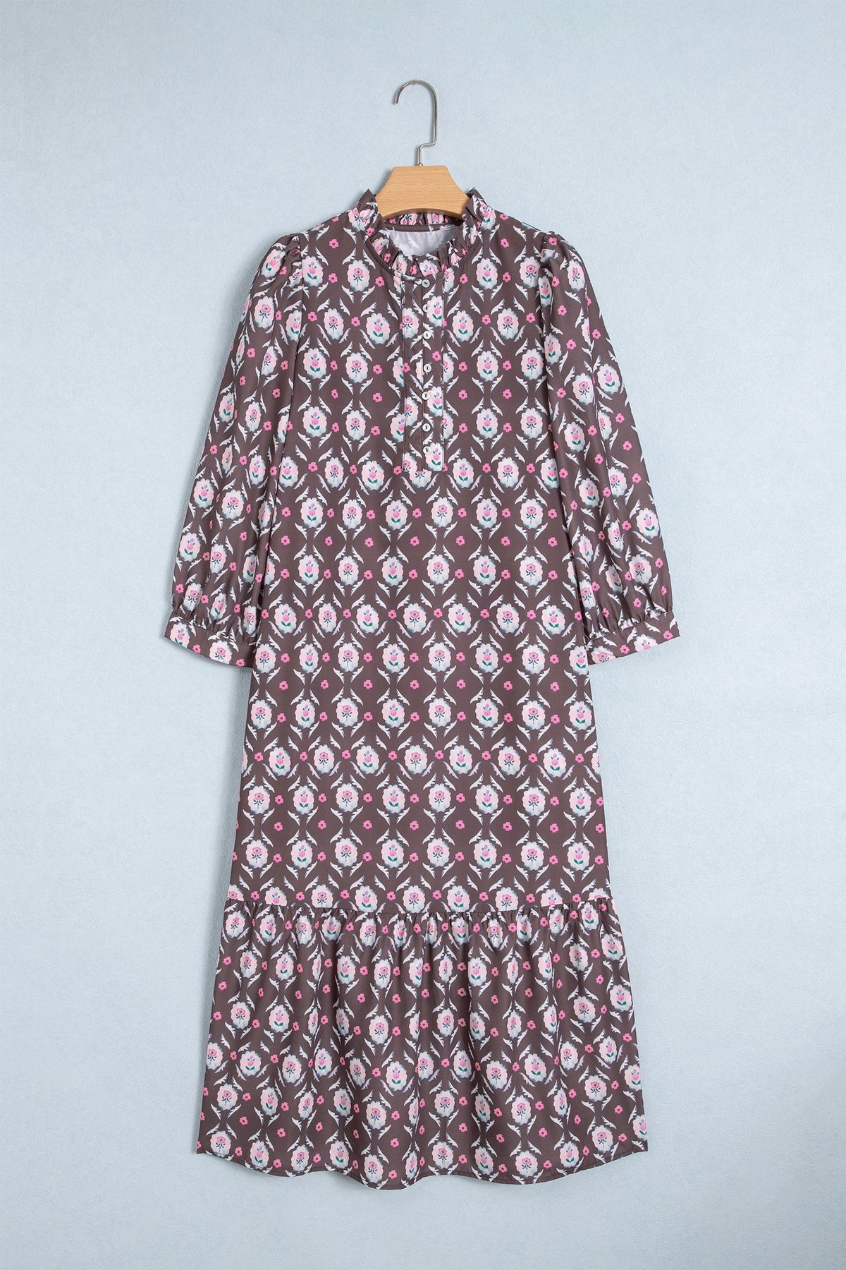 Floral Button Front Ruffle Hem Midi Dress